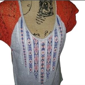 Miss Me Brand Southwestern Blouse Lace Sleeves SMALL Wildwest Coastal Cowgirl